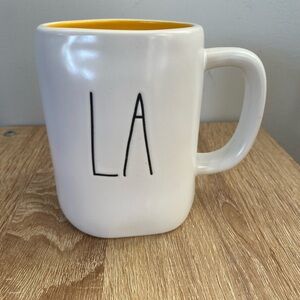 Rae Dunn Artisan Collection LA Ceramic  Coffee Cup Mug  Yellow Interior Magenta